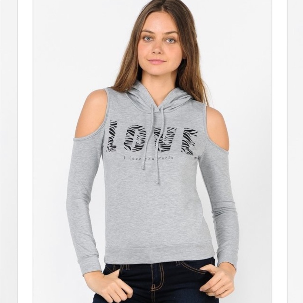 Gray Love Cold Shoulder Cut Out Hoodie Sweatshirt